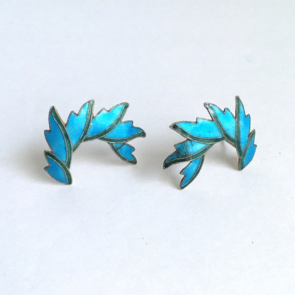 Vintage Turquoise Enamel Earrings Ear Climber Blue - Picture 2 of 7